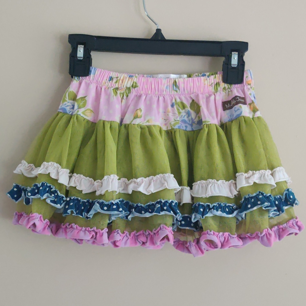 Matilda Jane Green Tiered Ruffle Skirt with Pink Floral Waistband